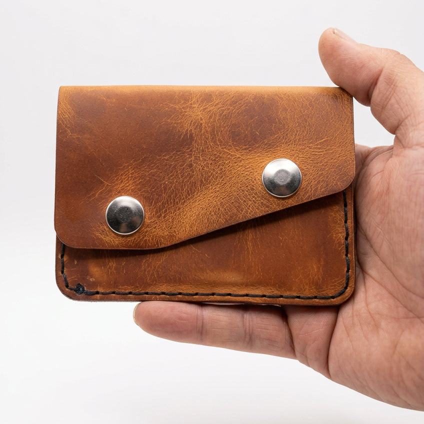 Handmade tan leather two-pocket card and cash purse closed with two snaps