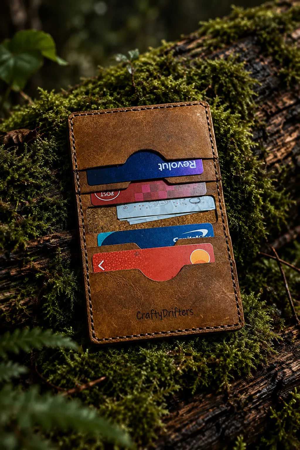 Inside of the Style 6 handmade bi-fold wallet holding cards, on a woodland floor