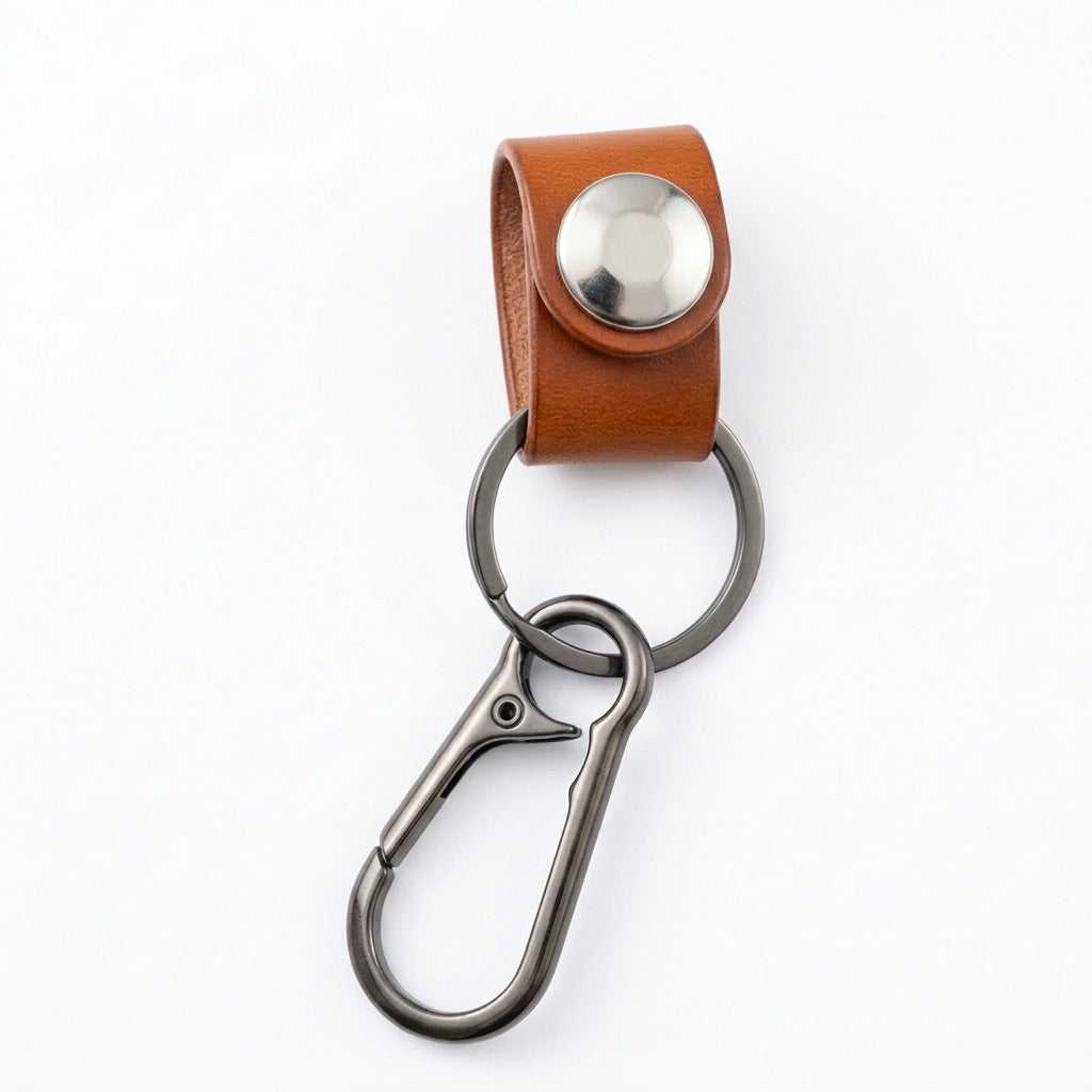 Tan leather bag handle keyring with snap loop, split ring and trigger clip