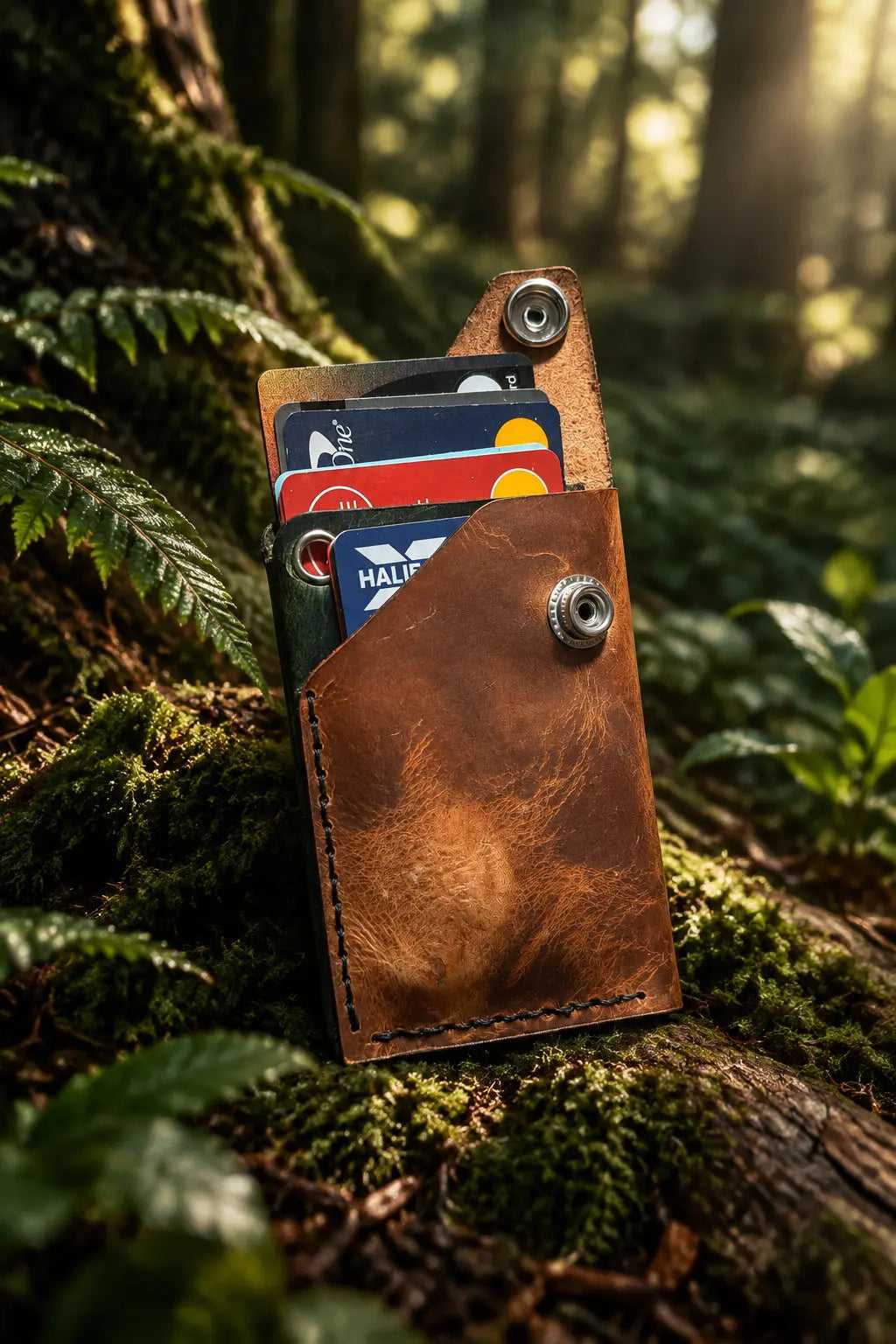 The Woodland leather wallet with cards tucked inside, on a woodland floor