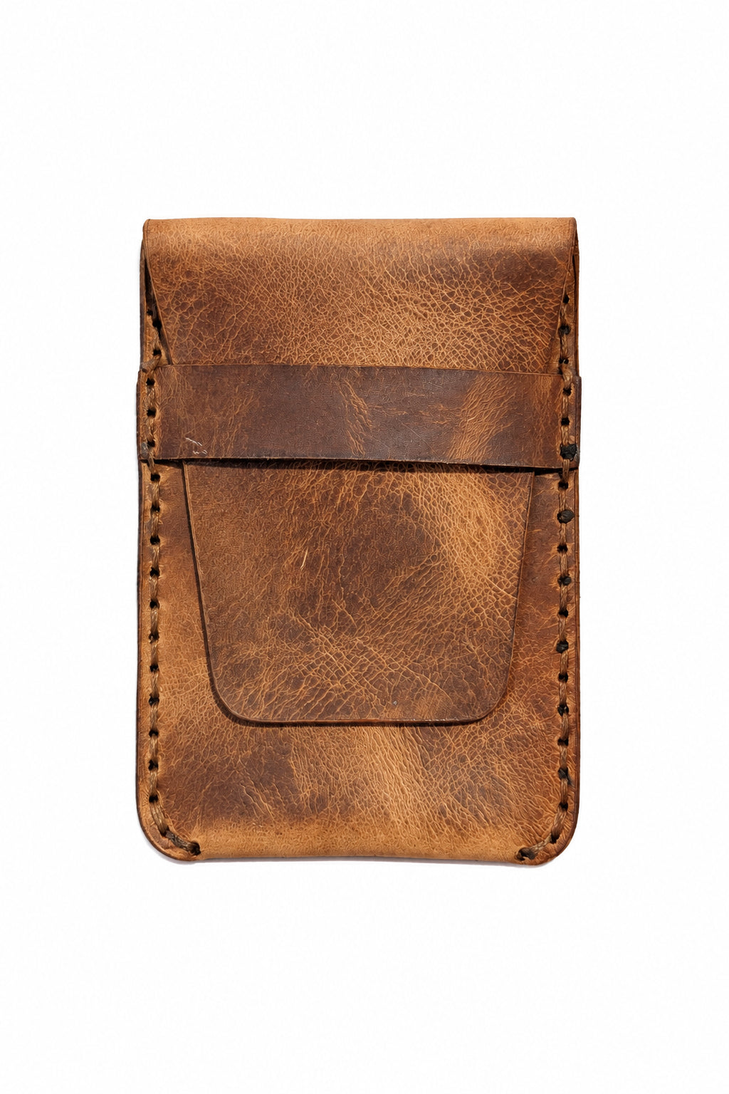 Tan Badalassi Carlo wax leather card sleeve with tuck flap, front view