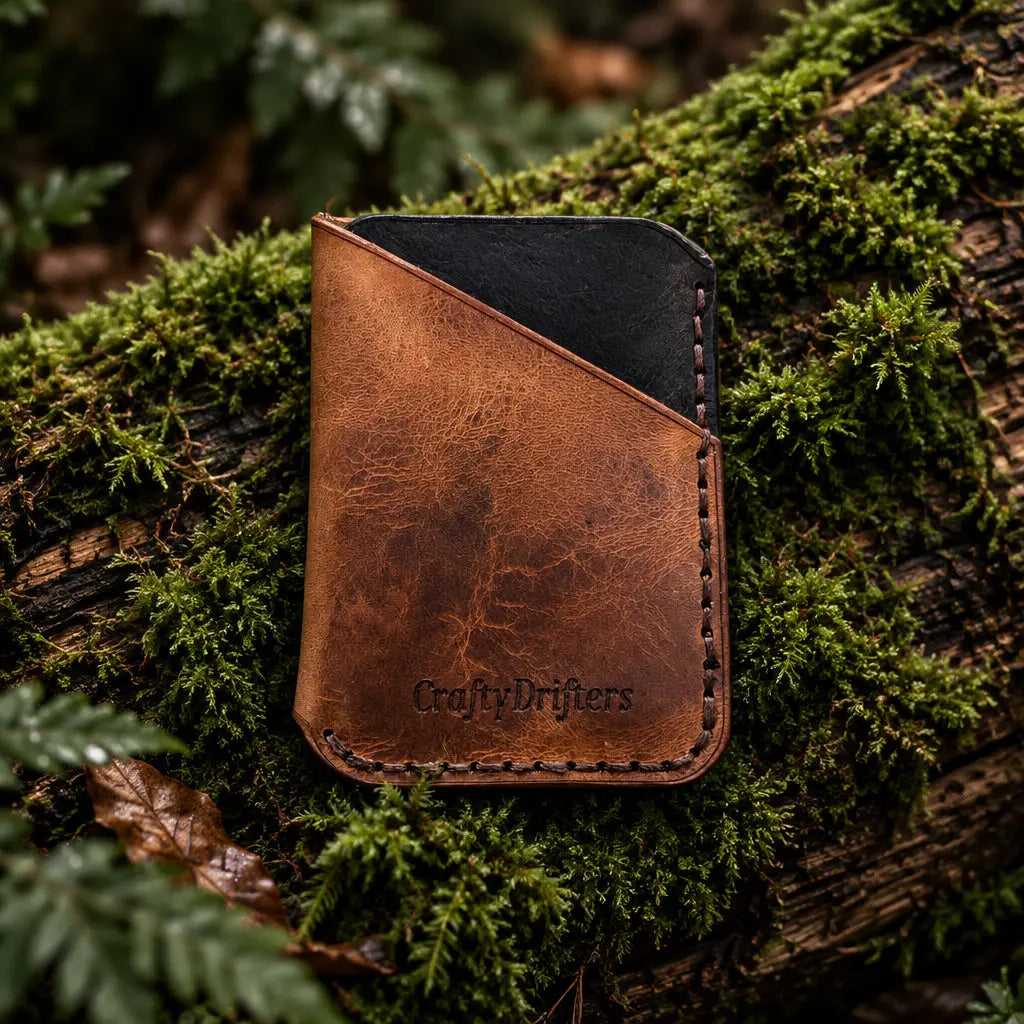 Two-tone Badalassi leather card wrap, handmade in Cornwall, on moss