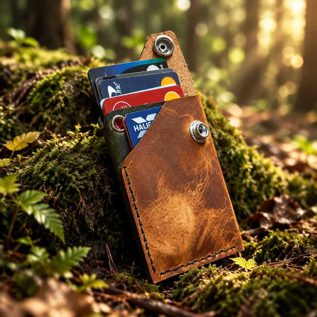 The Woodland leather wallet open, showing card slots holding bank cards
