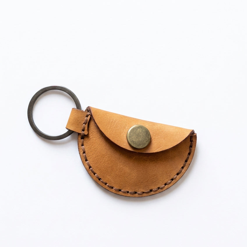 Cornish pasty shaped tan leather keyring with brass snap and split ring