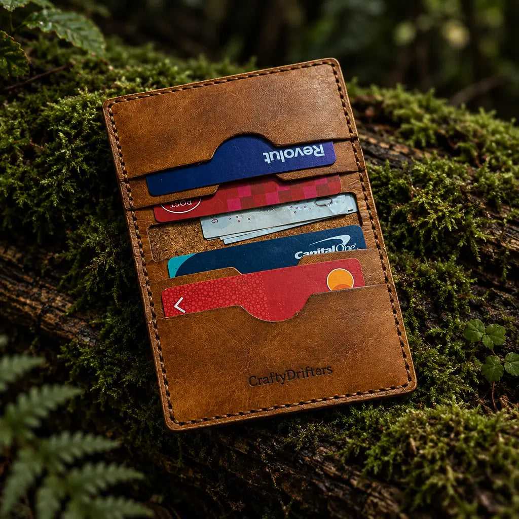 Close-up of the Style 6 full-grain leather wallet card pockets and stitching