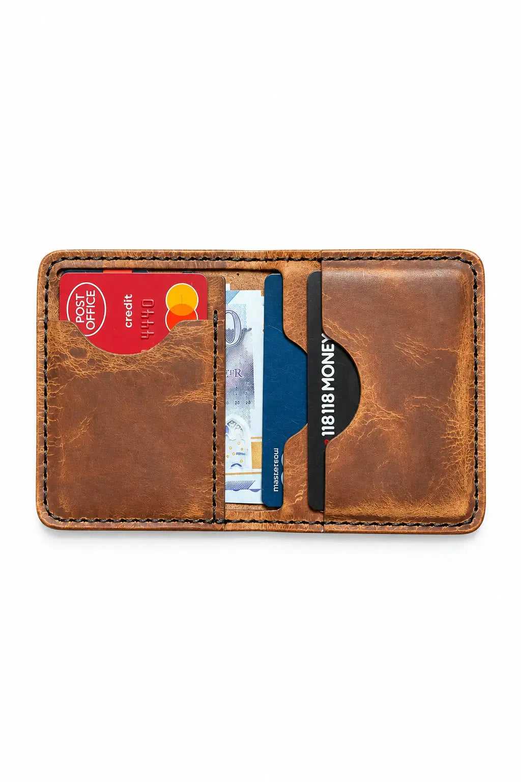 Style Bi-Fold wax leather wallet open with cards and banknotes
