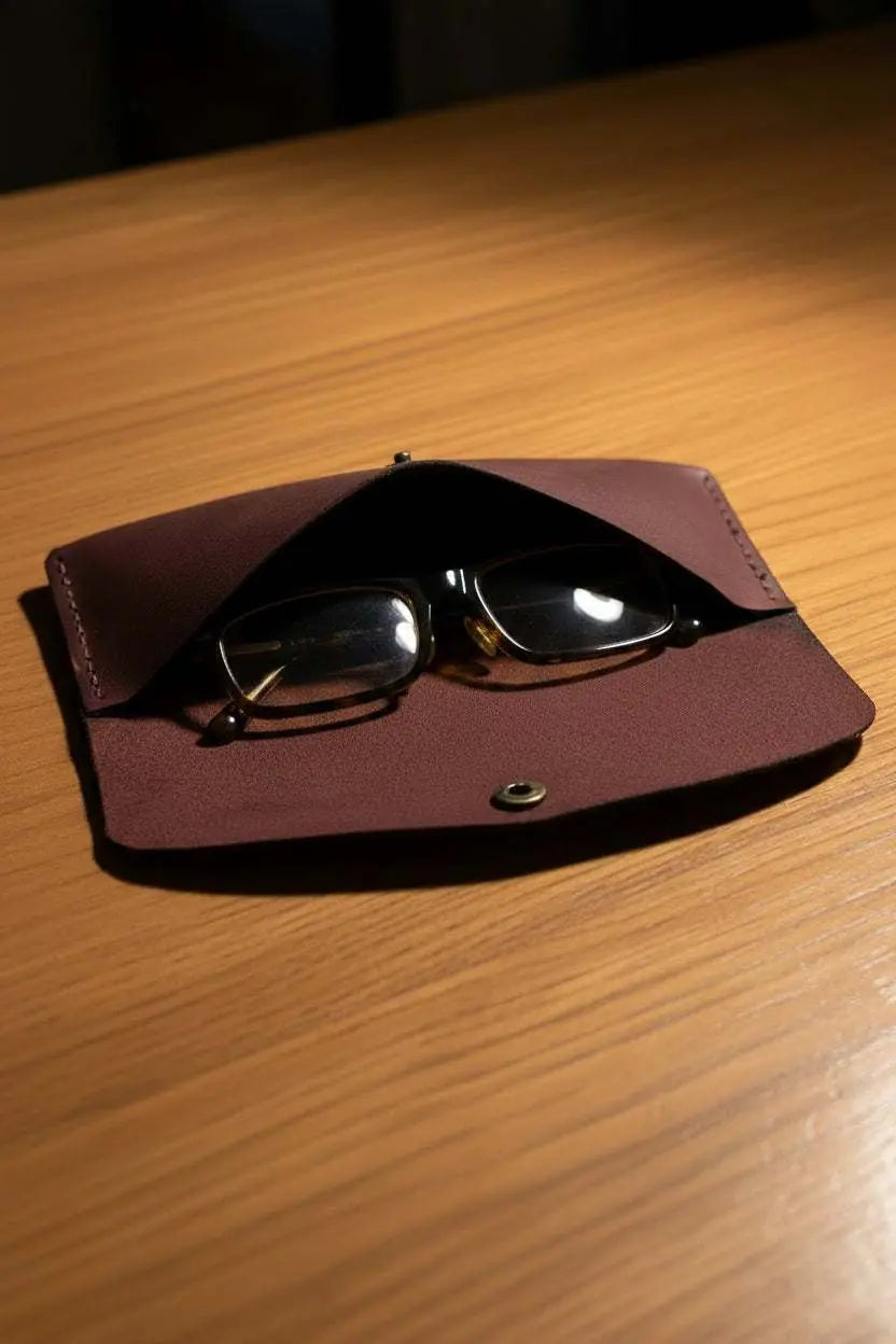 Handmade burgundy leather glasses case holding a pair of black framed spectacles on a wooden surface