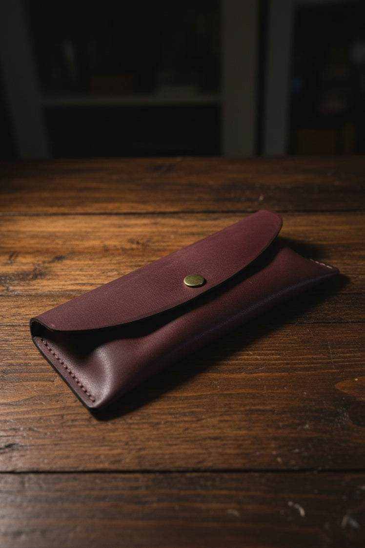 Handmade burgundy leather glasses case with brass snap closure on a rustic wooden surface